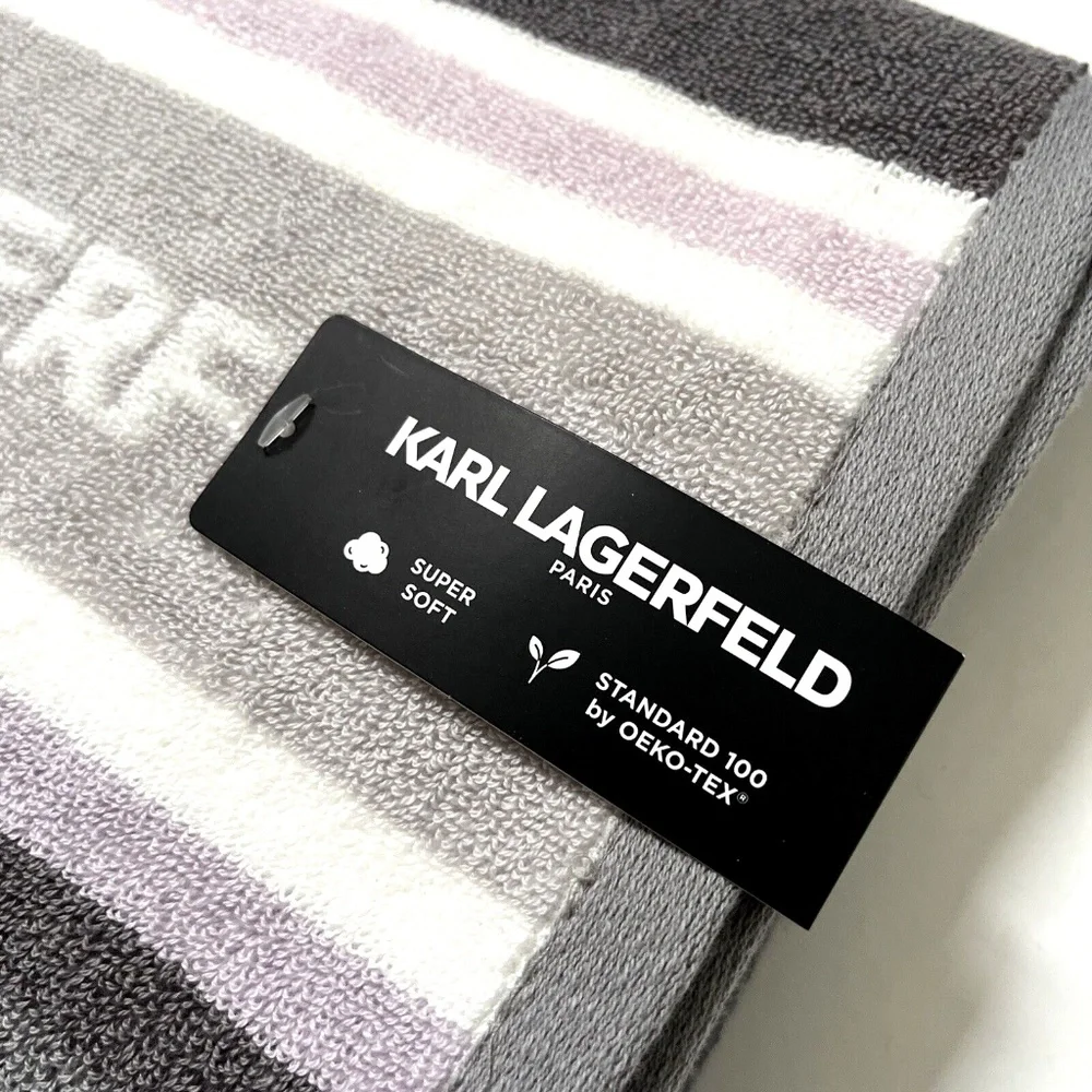 Karl Lagerfeld 2pc Cotton Bath & Hand Towel Set Gray Lavender White NWT